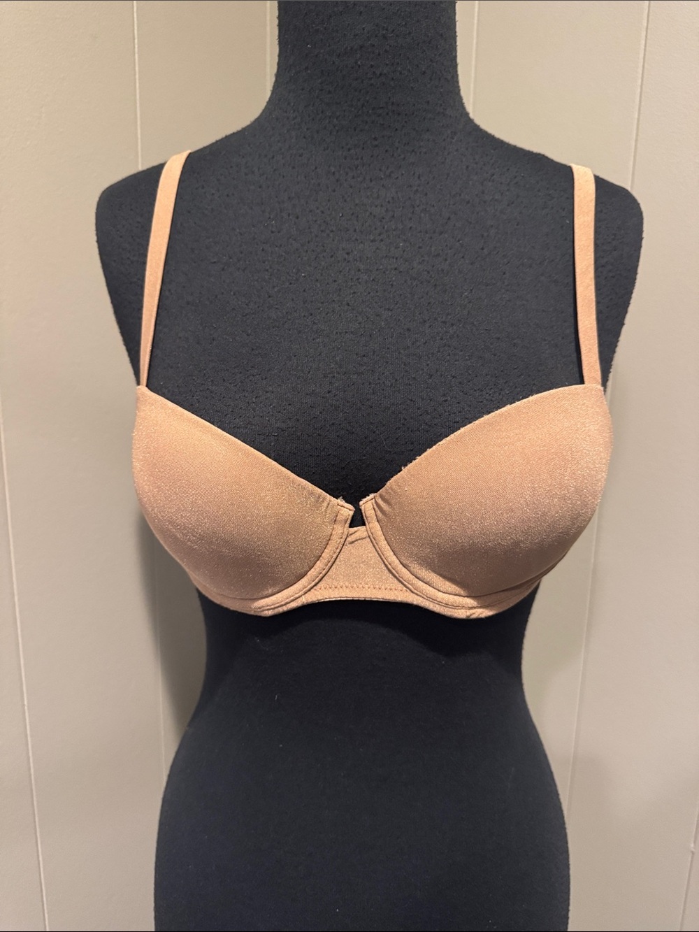 E.  Cosabella tan light shimmer underwire lightly padded plunge bra. 34B